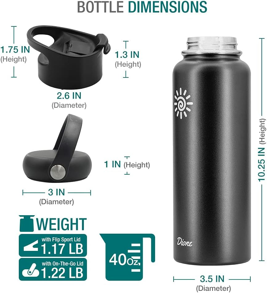 Water Bottle 40 Oz. Flask Double Wall Stainless Steel & Vacuum Insulated (Black) Sport Hydro Container (Standard Mouth/Leak Proof/Bpa Free Cap), (MB000315)
