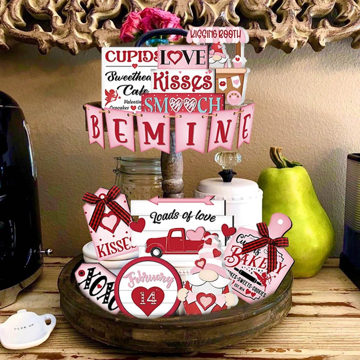 Valentine'S Day Tiered Tray Decor Valentine'S Day Table Wooden Sign Valentine'S Day Decorative Enthusiasts Birds Love Layered Pallet Cute Decoration Wedding Anniversary Party Supplie (Tray Not Include