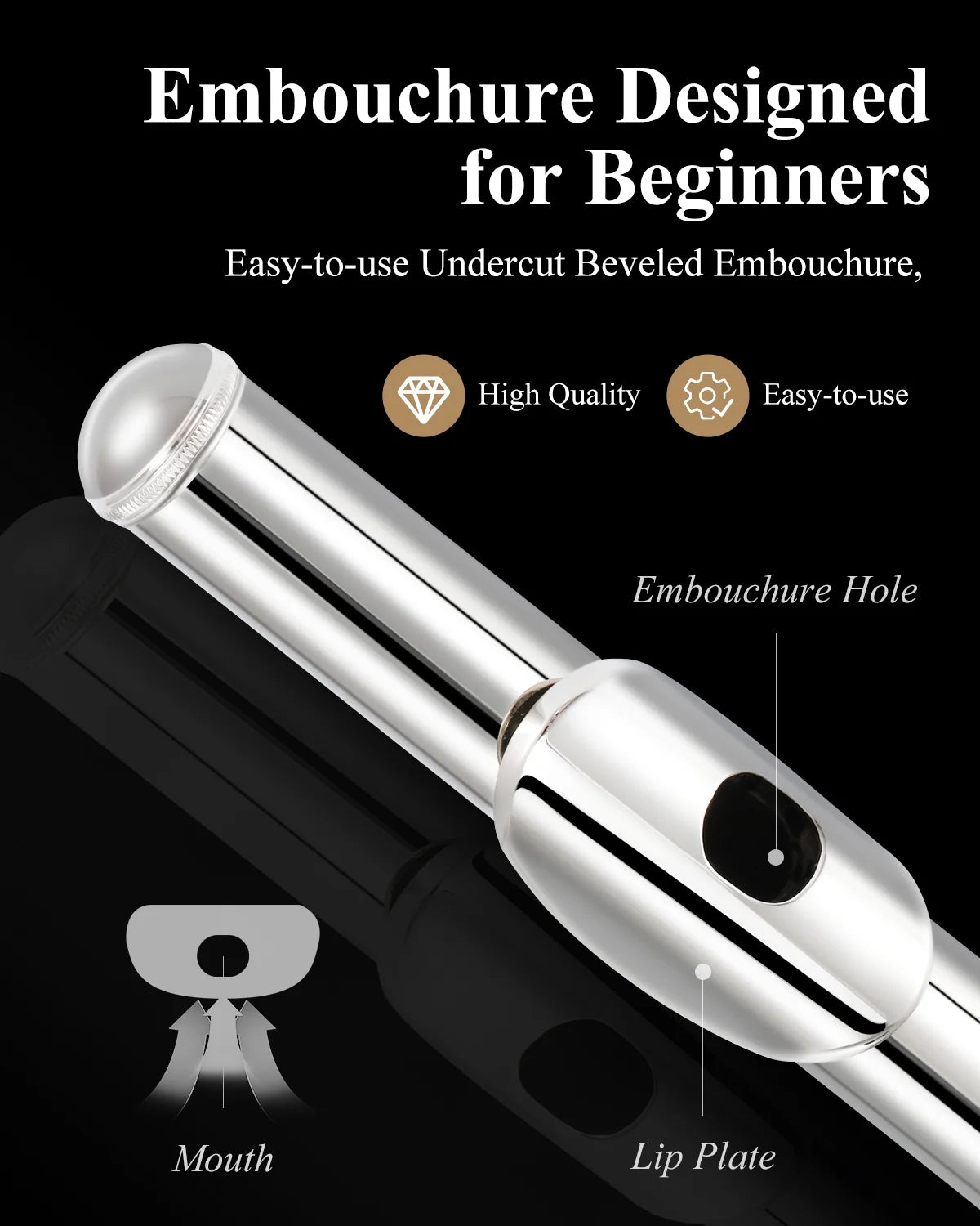 C Flutes 16 Keys Closed Hole Flute for Beginner Kids Student Musical Instrument with Cleaning Kit, Carrying Case, Stand, Glove,Tuning Rod, Nickel, EFL-1