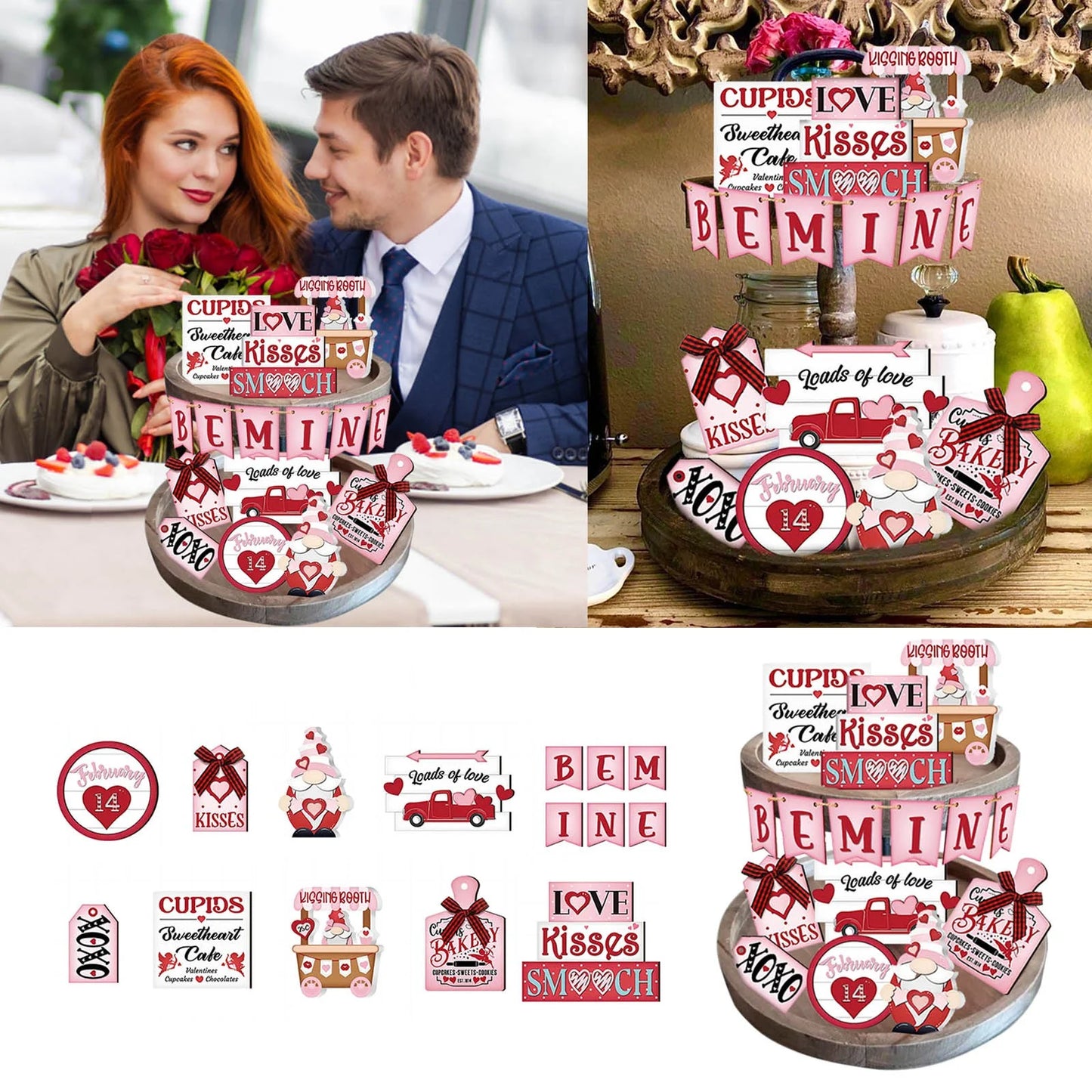 Valentine'S Day Tiered Tray Decor Valentine'S Day Table Wooden Sign Valentine'S Day Decorative Enthusiasts Birds Love Layered Pallet Cute Decoration Wedding Anniversary Party Supplie (Tray Not Include
