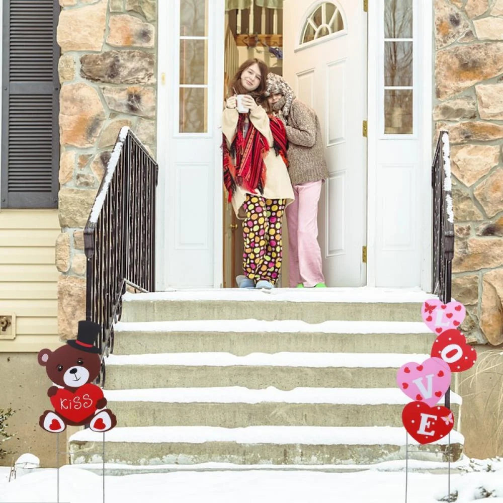 Valentines Yard Signs 12” X 18” "Love" Bear Heart Decor Outdoor Decorations (2 Count)