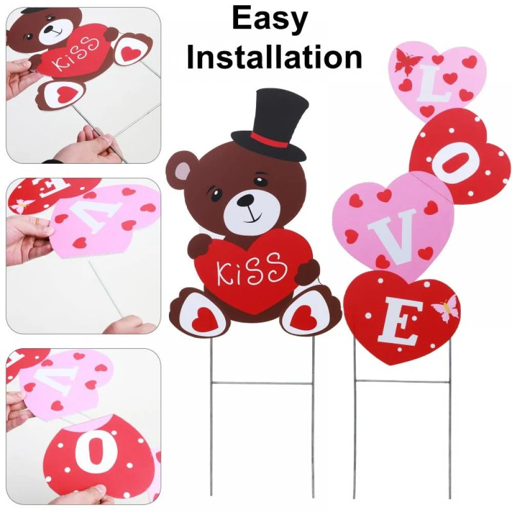 Valentines Yard Signs 12” X 18” "Love" Bear Heart Decor Outdoor Decorations (2 Count)