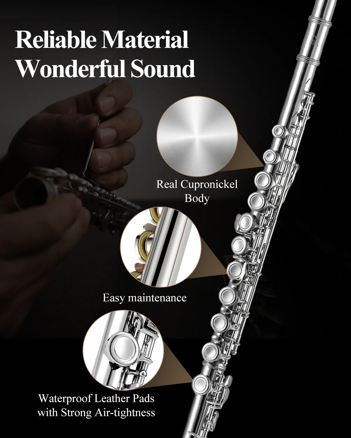 C Flutes 16 Keys Closed Hole Flute for Beginner Kids Student Musical Instrument with Cleaning Kit, Carrying Case, Stand, Glove,Tuning Rod, Nickel, EFL-1