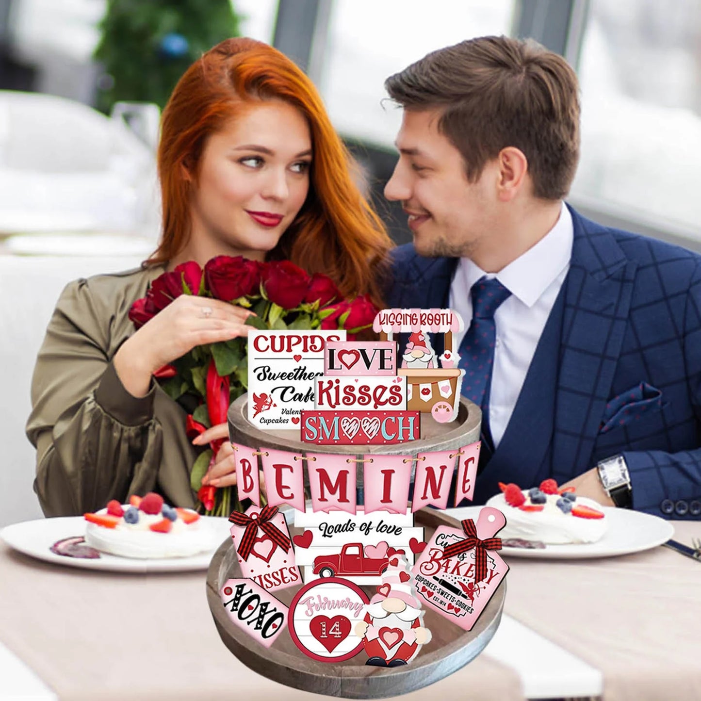 Valentine'S Day Tiered Tray Decor Valentine'S Day Table Wooden Sign Valentine'S Day Decorative Enthusiasts Birds Love Layered Pallet Cute Decoration Wedding Anniversary Party Supplie (Tray Not Include