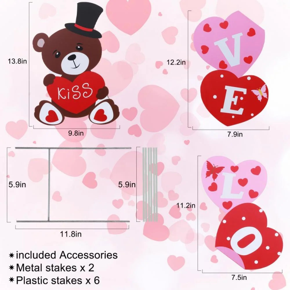 Valentines Yard Signs 12” X 18” "Love" Bear Heart Decor Outdoor Decorations (2 Count)