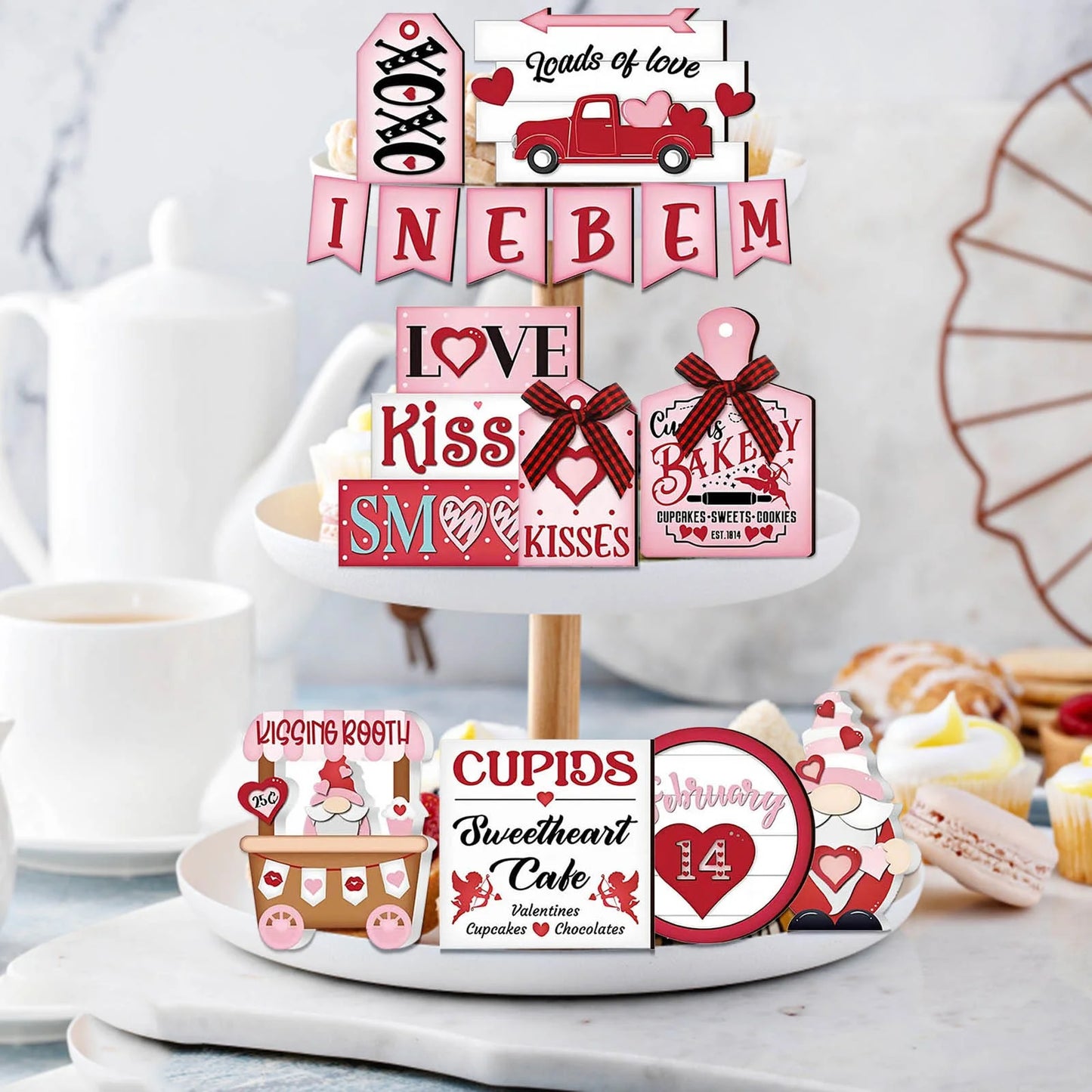 Valentine'S Day Tiered Tray Decor Valentine'S Day Table Wooden Sign Valentine'S Day Decorative Enthusiasts Birds Love Layered Pallet Cute Decoration Wedding Anniversary Party Supplie (Tray Not Include