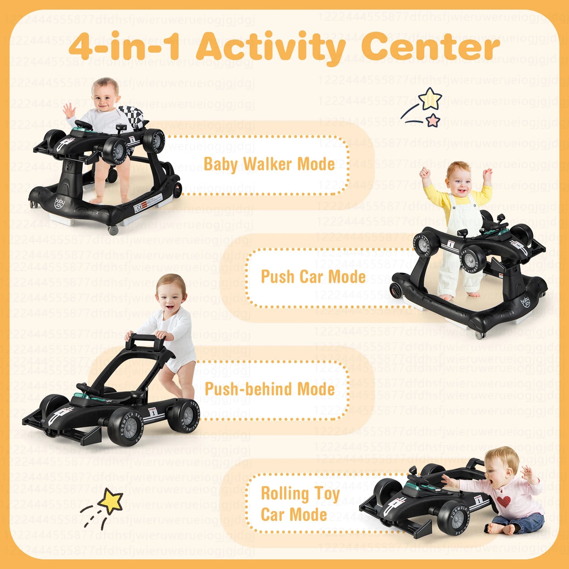 4-In-1 Baby Walker Foldable Activity Push Walker Adjustable Black