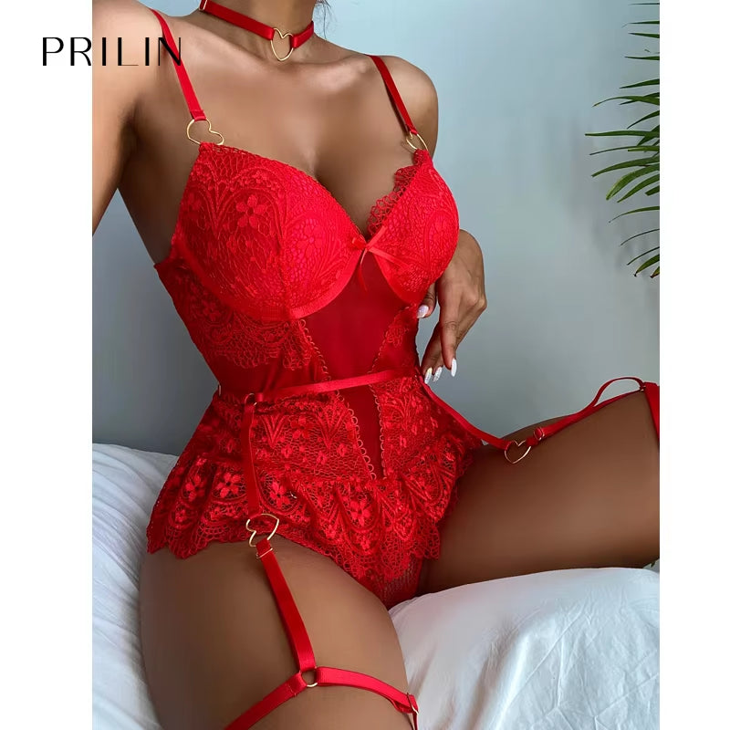 Mature Women Sexy Lingerie Bondage Garter Choker Leg Straps Lace-Up Valentines Day Lace Luxury Exotic Long Corset Red
