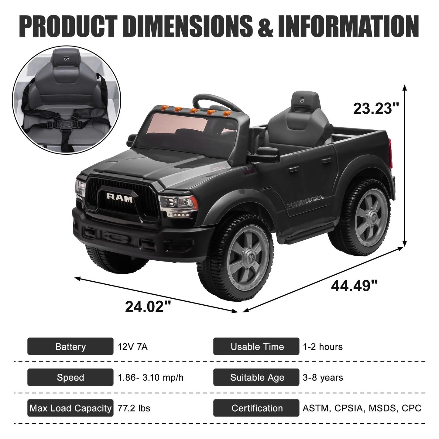 Dodge RAM Ride on Car, 12V Powered Ride on Toy with Remote Control, Rear Wheel Suspension, 5 Point Safety Belt, MP3 Player, Bluetooth, LED Lights, Electric Vehicles for 3-8 Years Boys Girls, Blue