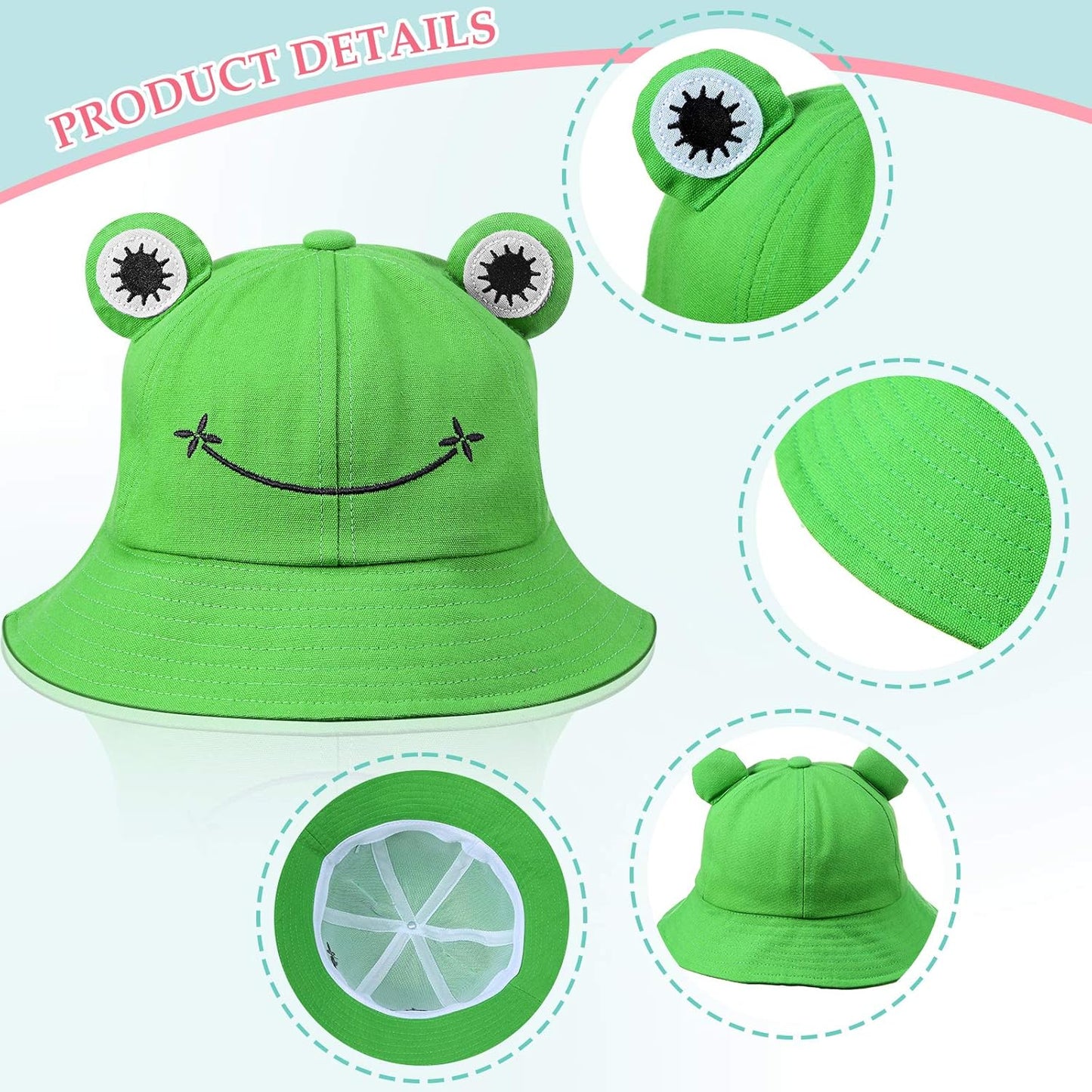 4 Pieces Foldable Wide Brim Cute Frog Bucket Hat Fisherman Beach Sun Hat for Outdoor Sports