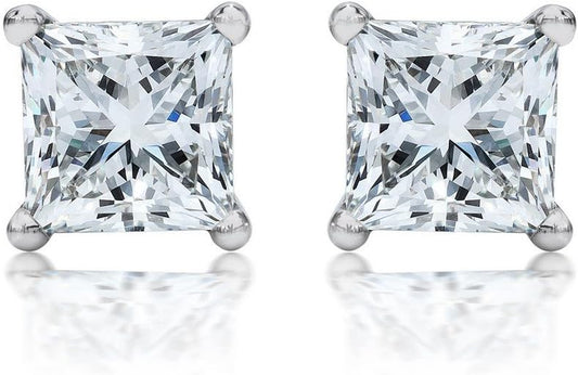 3/4 Carat Solitaire Diamond Stud Earrings Princess Cut 4 Prong Push Back (I-J Color, I2 Clarity)