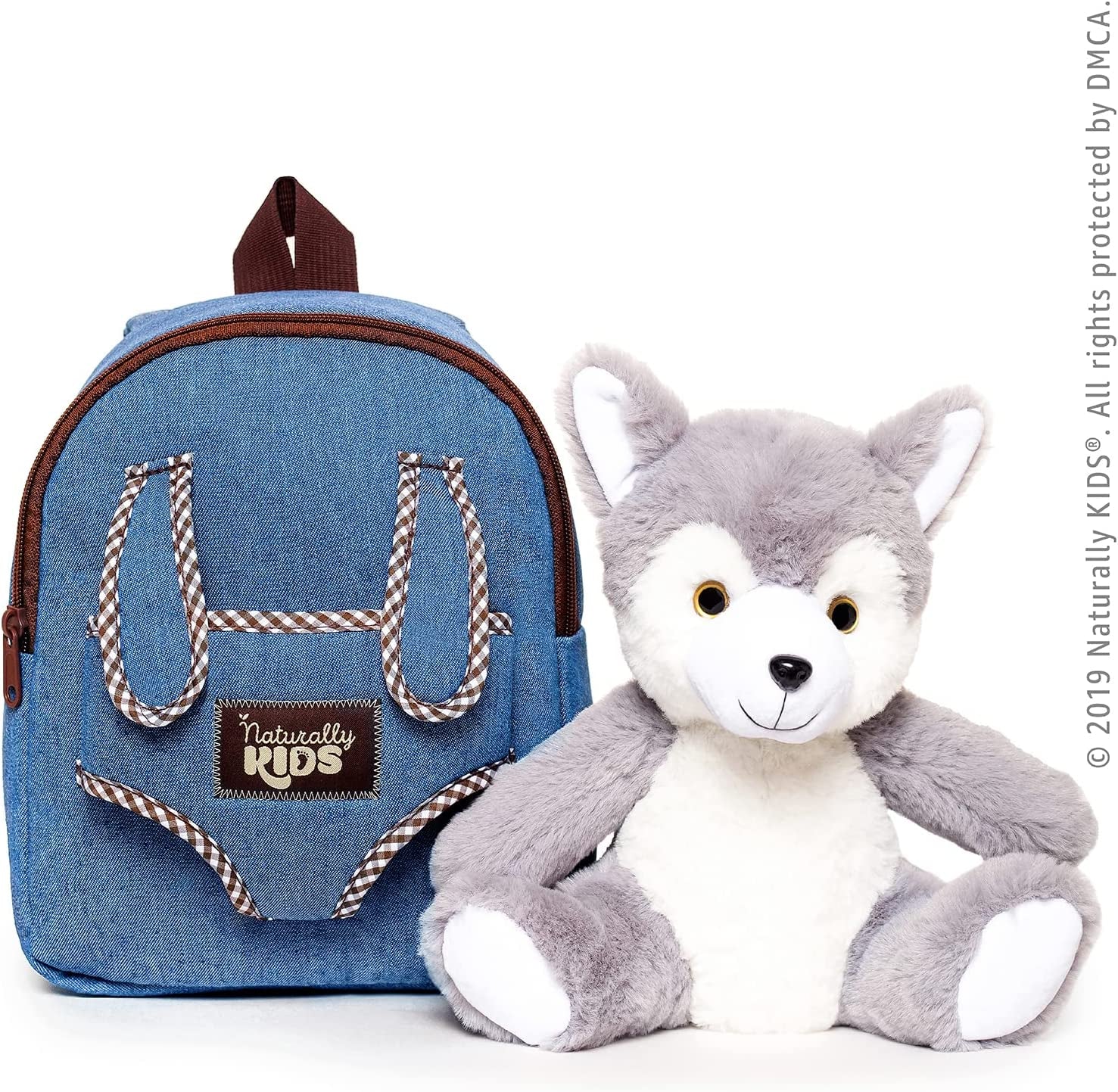 Toddler Backpack 10-12 Inch W Wolf Toys, Wolf Stuffed Animal, 3 Year Old Girl Boy Gift, Toddler Husky Wolf