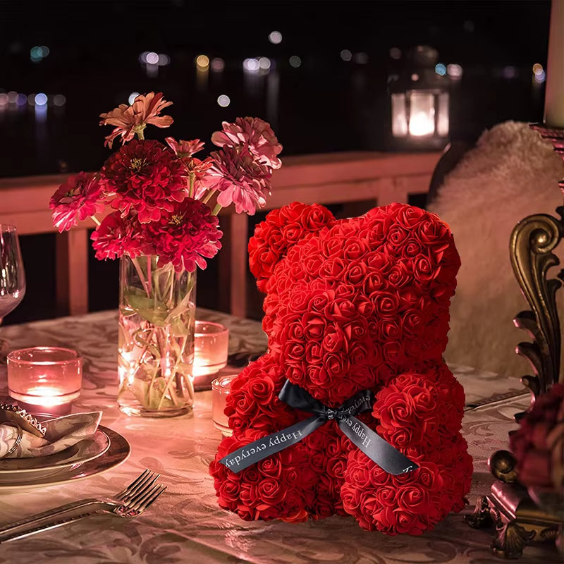 Christmas Valentine'S Day Gifts 23Cm Led Red Rose Teddy Bear Rose Flower Artificial Decoration Birthday Gifts Valentines Gifts