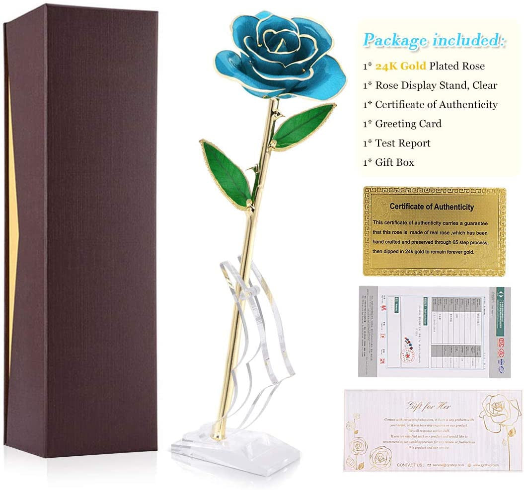 for Mom, Natural Rose Dipped in 24K Gold Romantic Proposal Present for Girlfriend Wife Her on Birthday Christmas Day Valentines Day Anniversary, Light Blue Rose with Rose Stand