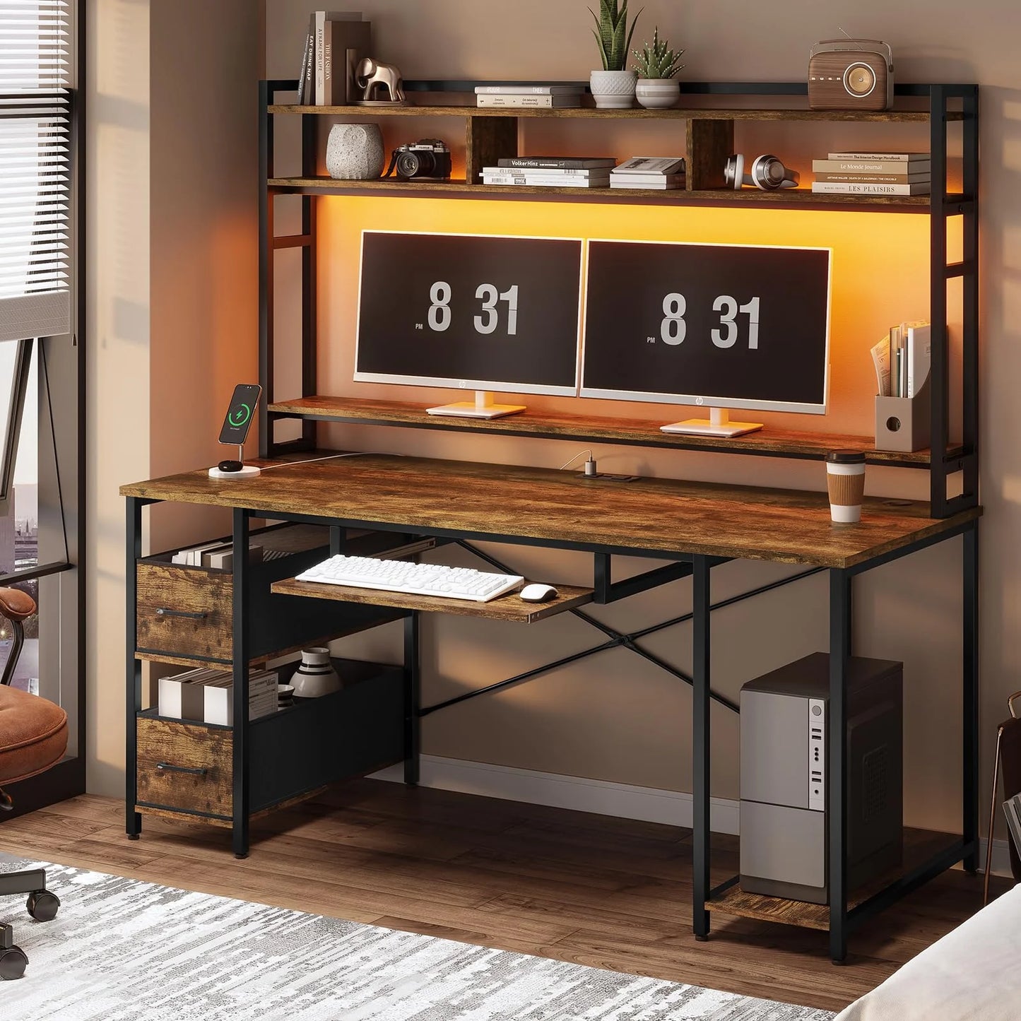 55" Gaming Computer Desk with Drawer&Power Outlet, Industrial Home Office Desk Table PC Study Workstation with Hutch&Led Lights&Adjustable Shelves, Rustic Brown