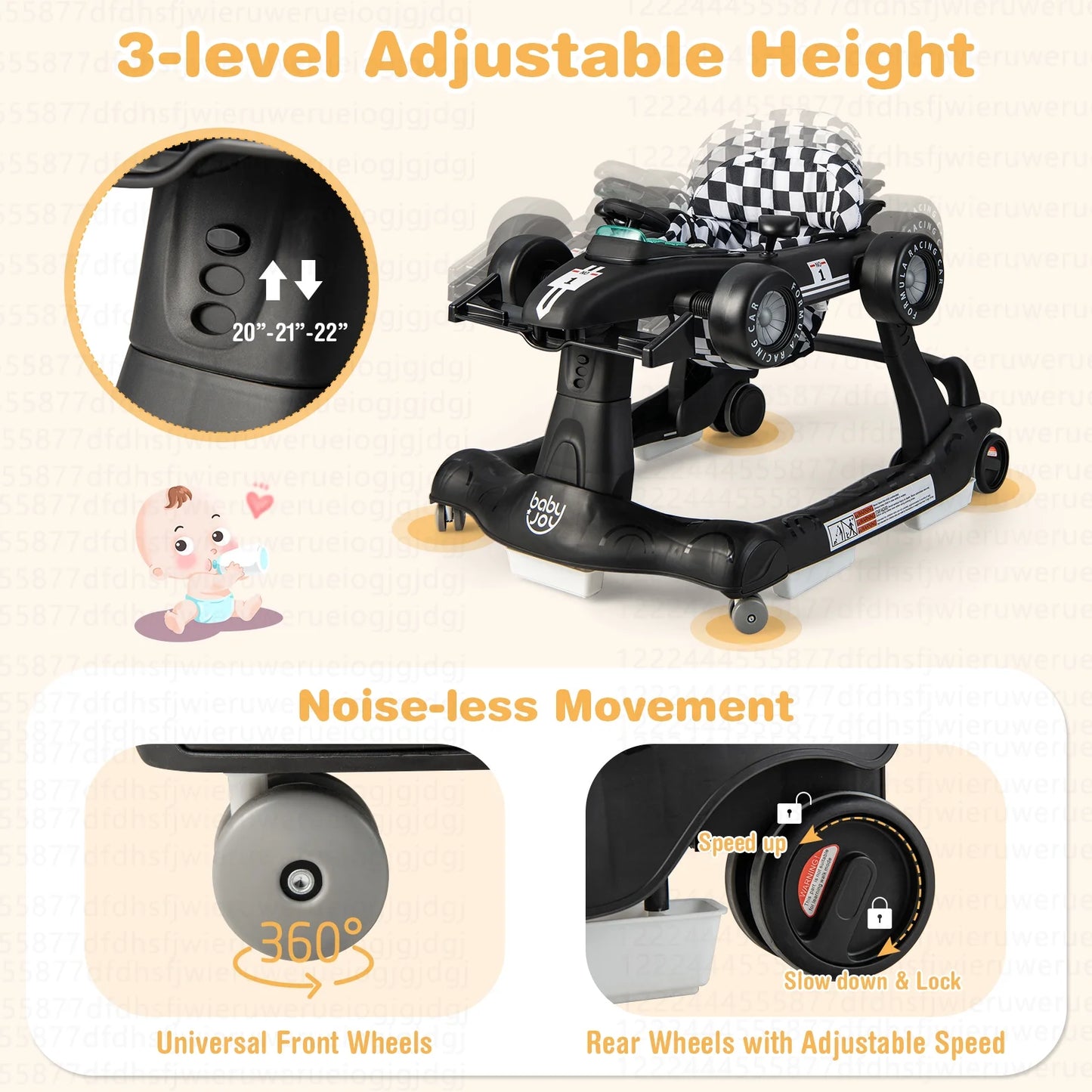 4-In-1 Baby Walker Foldable Activity Push Walker Adjustable Black