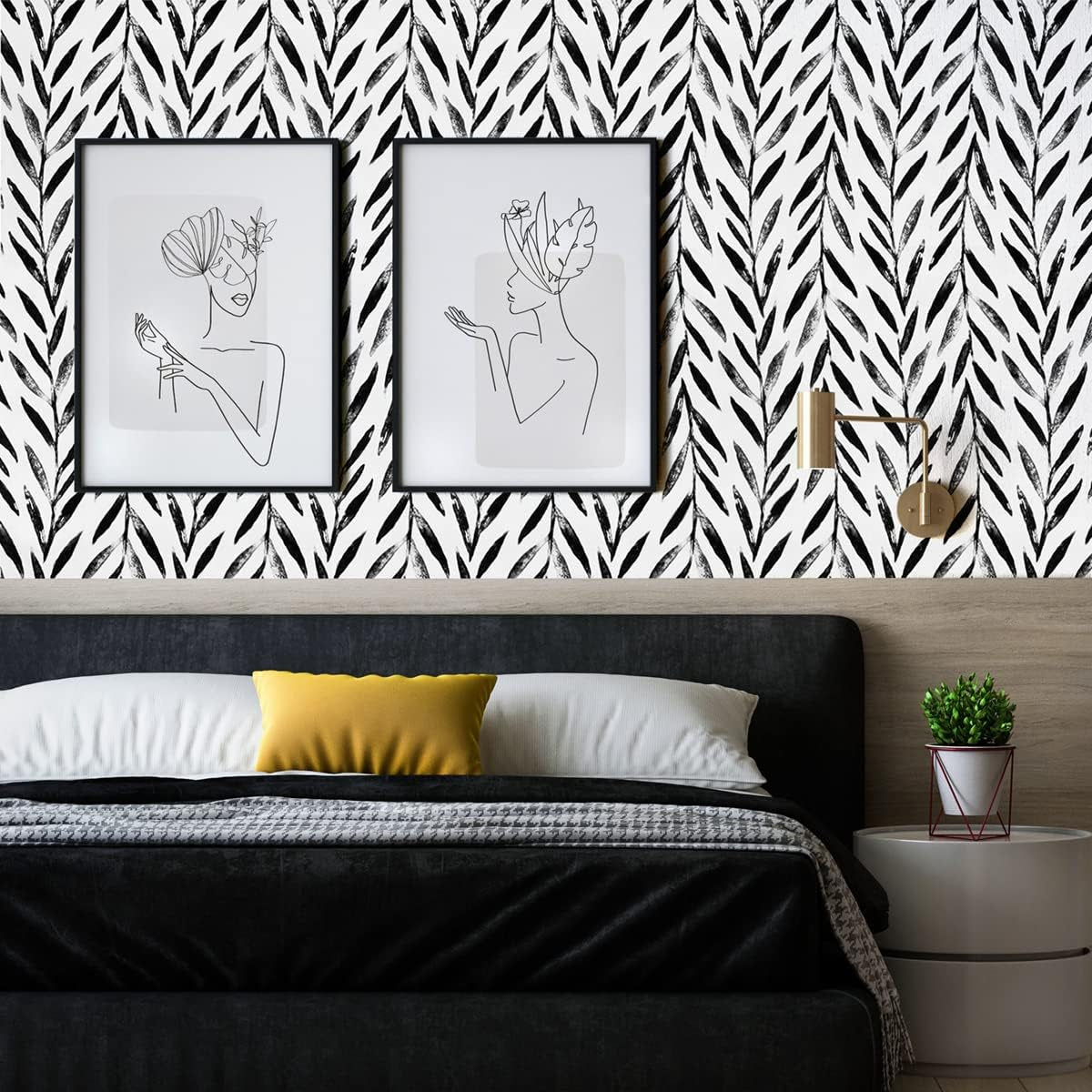 Black and White Peel and Stick Wallpaper Leaf Contact Paper 17.7 Inch × 393.6 Inch Black and White Contact Paper Peel and Stick Wallpaper for Bathroom Self Adhesive Decorative Wall Paper