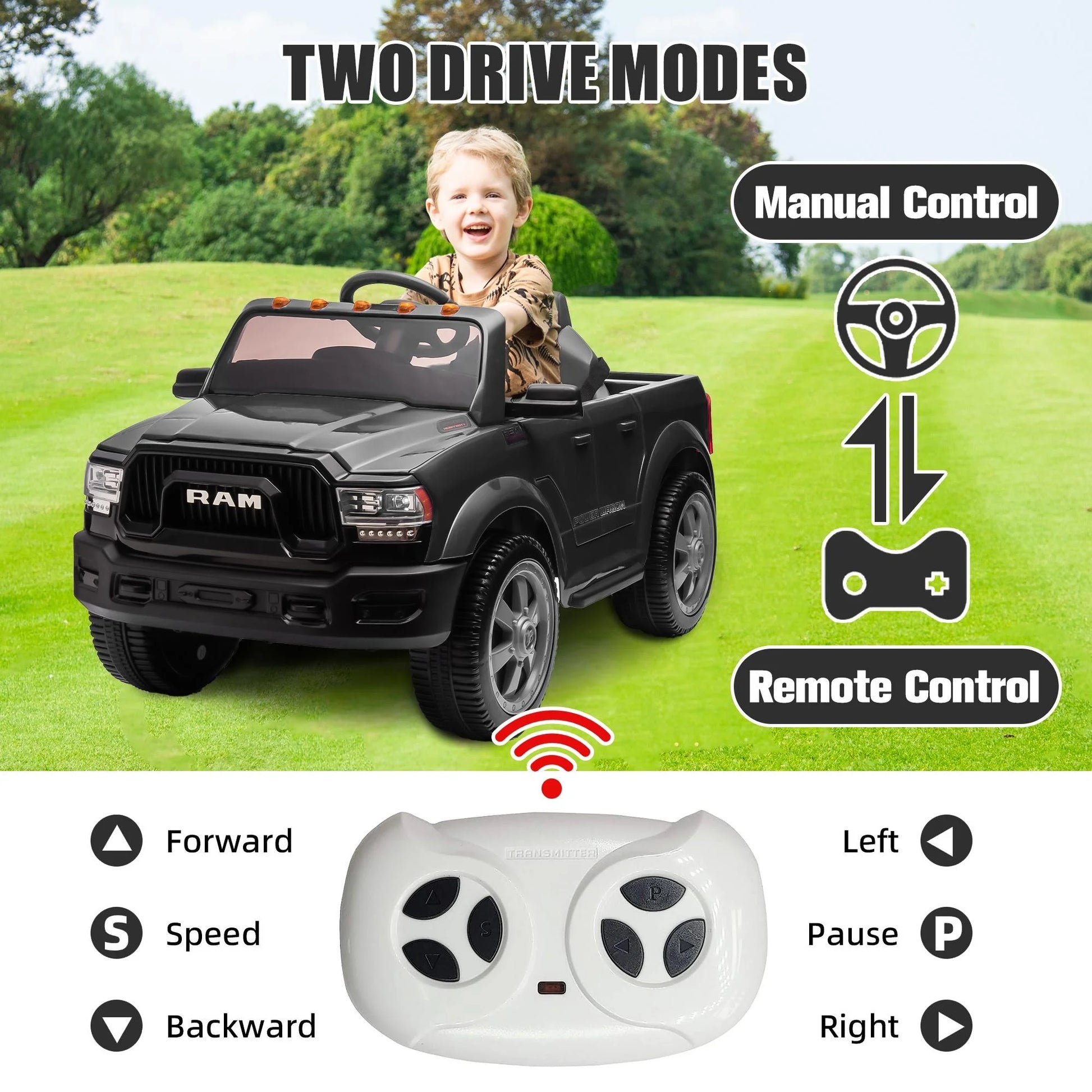 Dodge RAM Ride on Car, 12V Powered Ride on Toy with Remote Control, Rear Wheel Suspension, 5 Point Safety Belt, MP3 Player, Bluetooth, LED Lights, Electric Vehicles for 3-8 Years Boys Girls, Blue