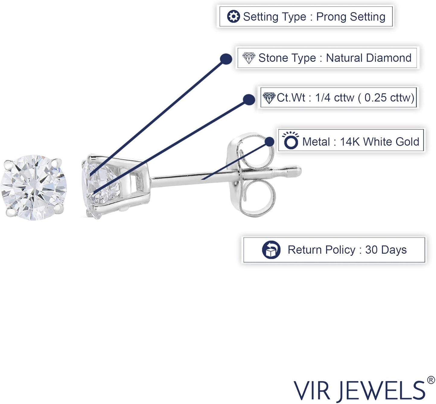 1/4 to 1 Cttw Diamond Stud Earrings 14K White Gold Push Backs round 4 Prong Basket