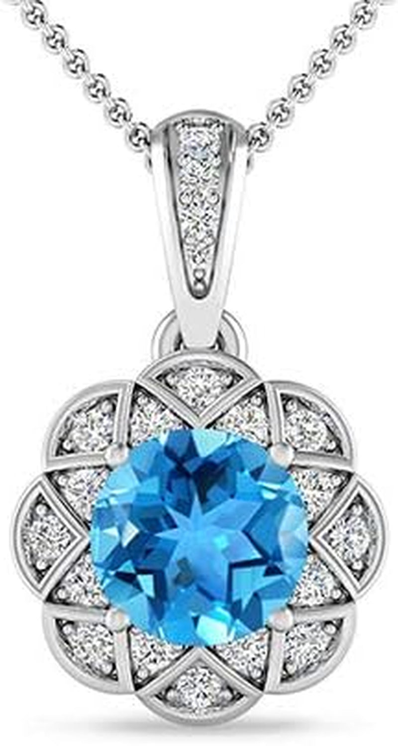 Solid 18K Real White, Yellow, Rose Gold Flower Necklace for Women with Birthstone Gemstones | Halo Style Diamond Floral Pendant Bridal Necklace with Long Bail Diamond Accents