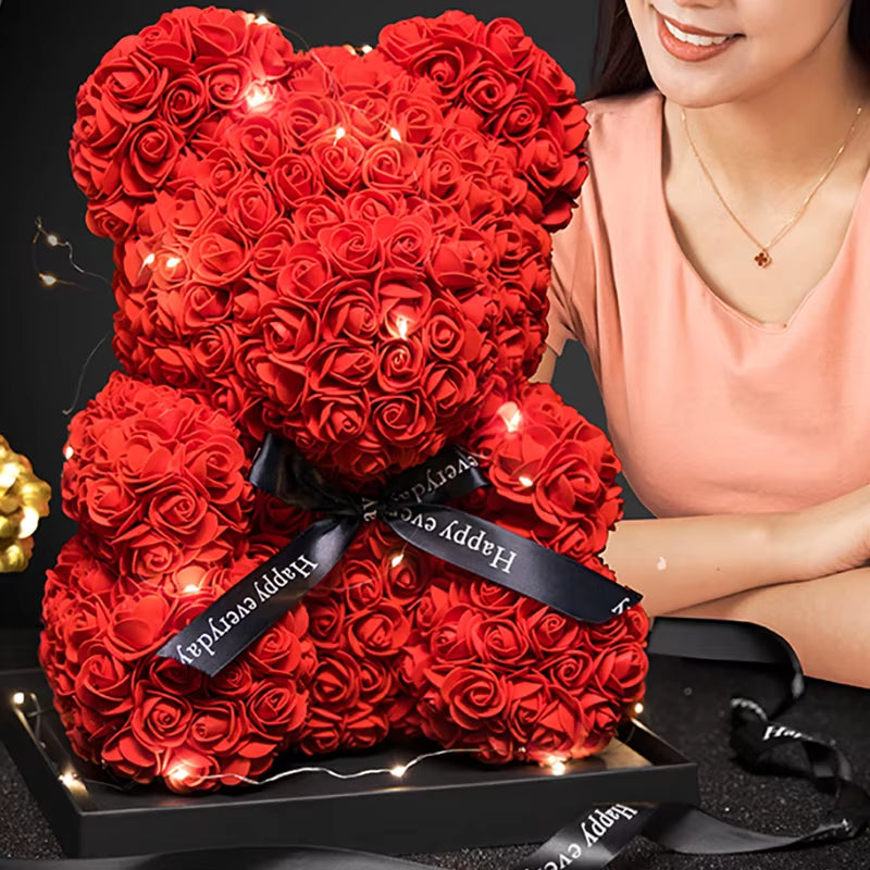 Christmas Valentine'S Day Gifts 23Cm Led Red Rose Teddy Bear Rose Flower Artificial Decoration Birthday Gifts Valentines Gifts