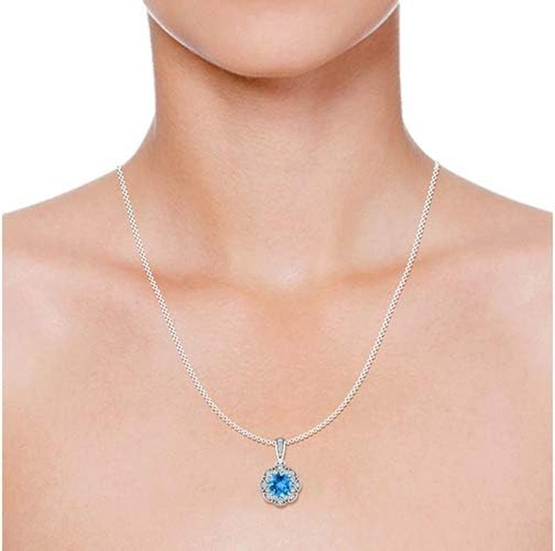 Solid 18K Real White, Yellow, Rose Gold Flower Necklace for Women with Birthstone Gemstones | Halo Style Diamond Floral Pendant Bridal Necklace with Long Bail Diamond Accents