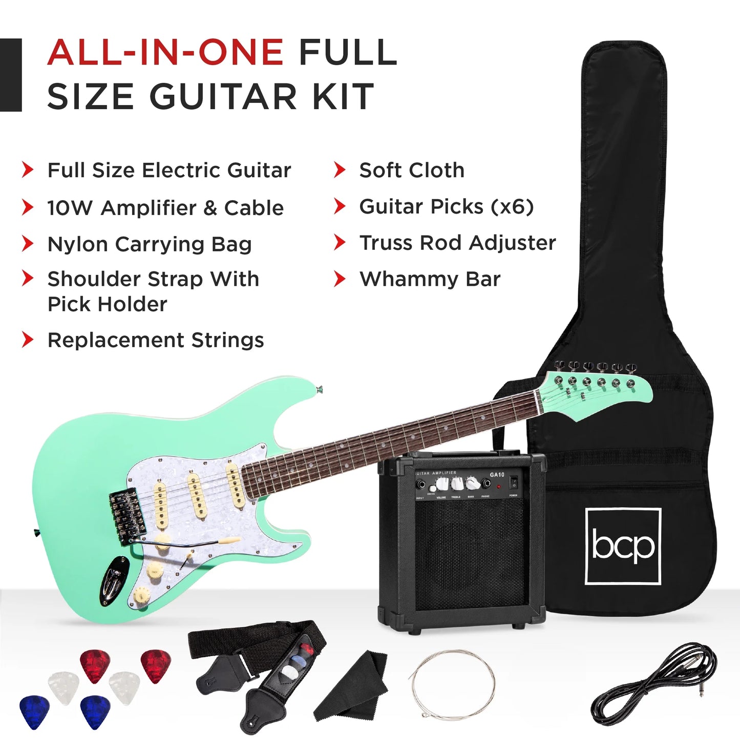 39In Full Size Beginner Electric Guitar Kit with Case, Strap, Amp, Whammy Bar - Socal Green