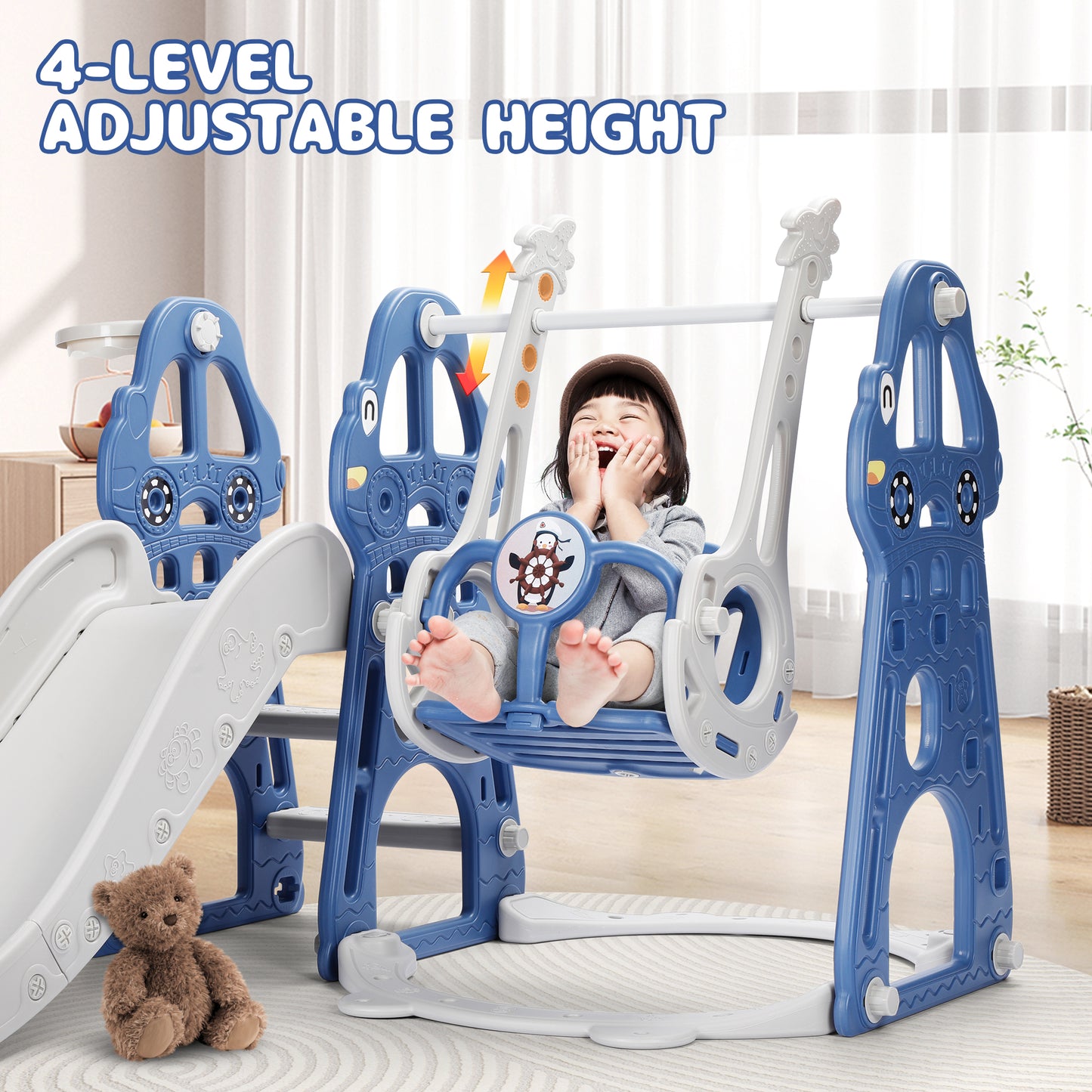 4 in 1 Toddler Swing and Slide Set for Age 1-3 Indoor Playground for Children Baby Swing Set with Slide, Climber, Basketball Hoop and Long Slide for Boys and Girls-Blue