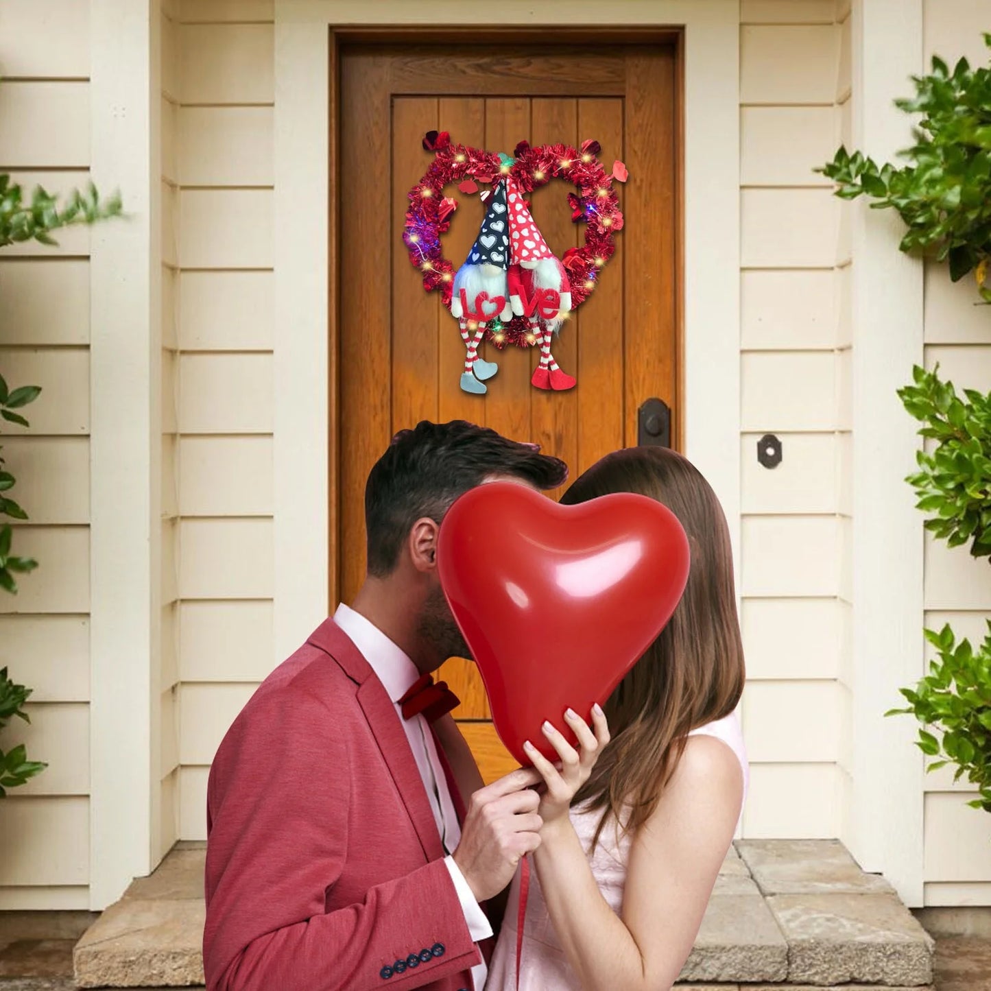 Valentines Day Wreaths Signs for Front Door Heart Shaped Wreath with Doll Bows Artificial Decorative Wreath Luminous Cute Romantic Gift for Girlfriend Wife Wedding Valentines Day Decor