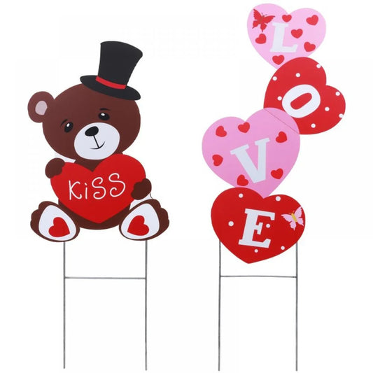 Valentines Yard Signs 12” X 18” "Love" Bear Heart Decor Outdoor Decorations (2 Count)