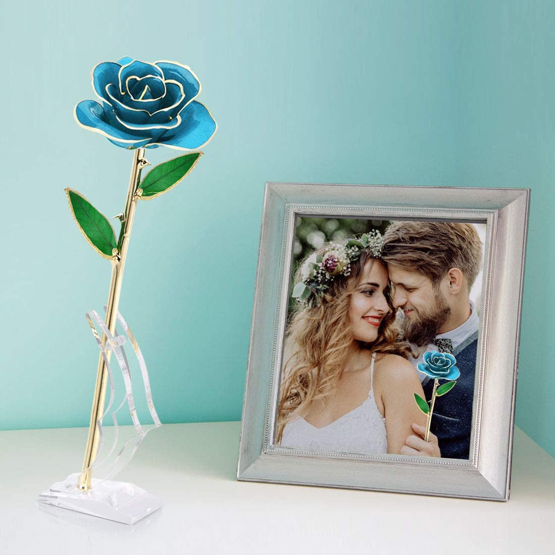 for Mom, Natural Rose Dipped in 24K Gold Romantic Proposal Present for Girlfriend Wife Her on Birthday Christmas Day Valentines Day Anniversary, Light Blue Rose with Rose Stand