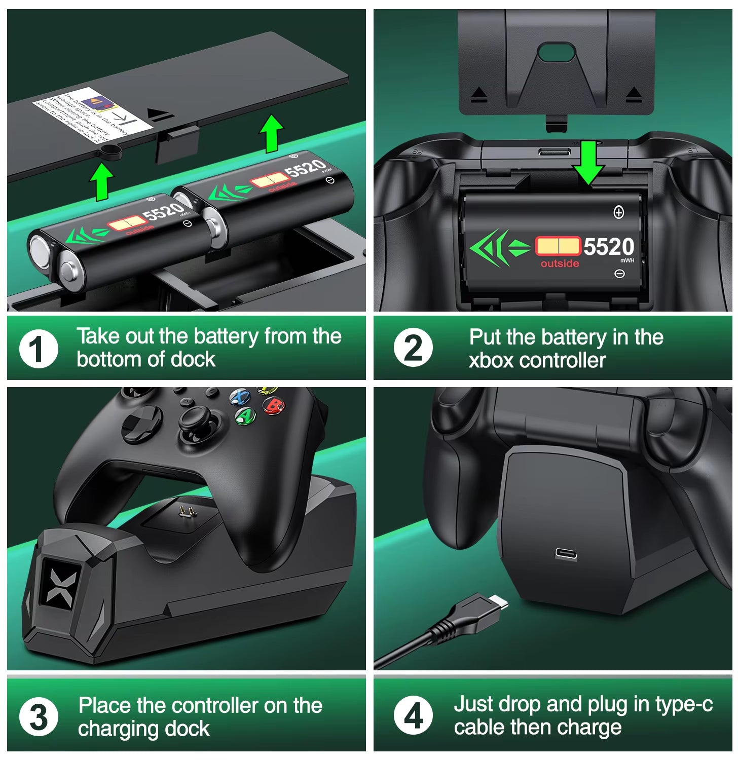 Dual Fast Charger for Xbox One X/S/Elite Xbox Series X/S Wireless Controller 2X2550Mah Rechargeable Battery Pack for Xbox One