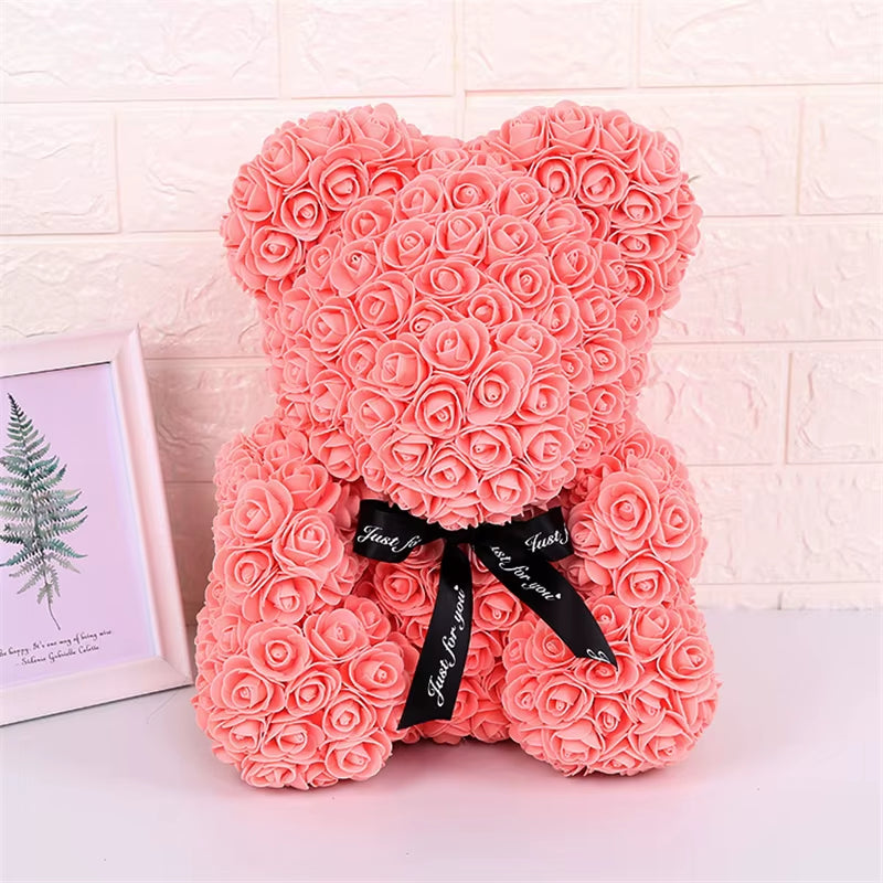 25Cm Valentines Day Gift Red Rose Teddy Bear Rose Flower Artificial Decoration Lover Gift Valentines Gift Gift Box Dropshipping