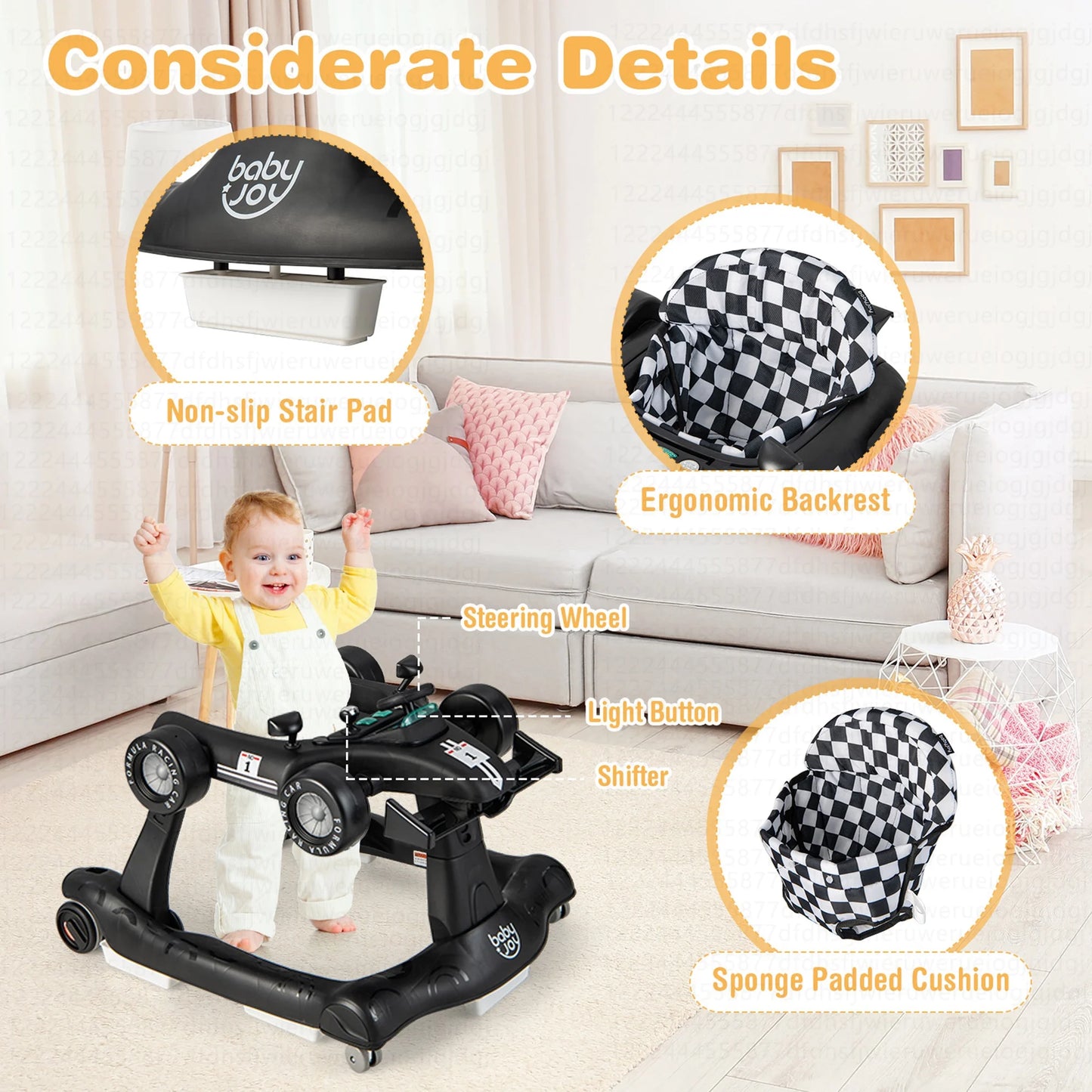 4-In-1 Baby Walker Foldable Activity Push Walker Adjustable Black