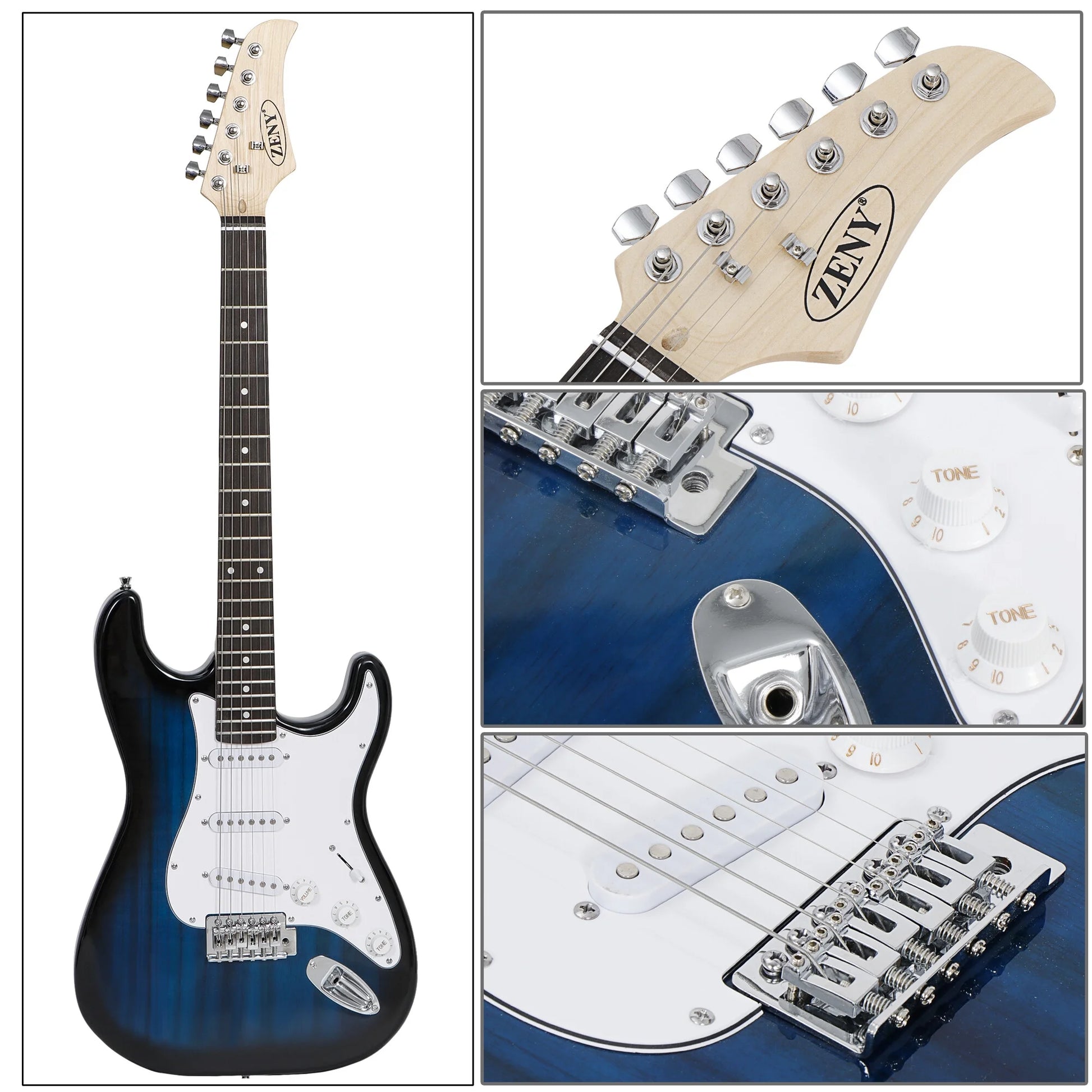 39" Full Size Electric Guitar with Amp, Case and Accessories Pack Beginner Starter Package, Blue