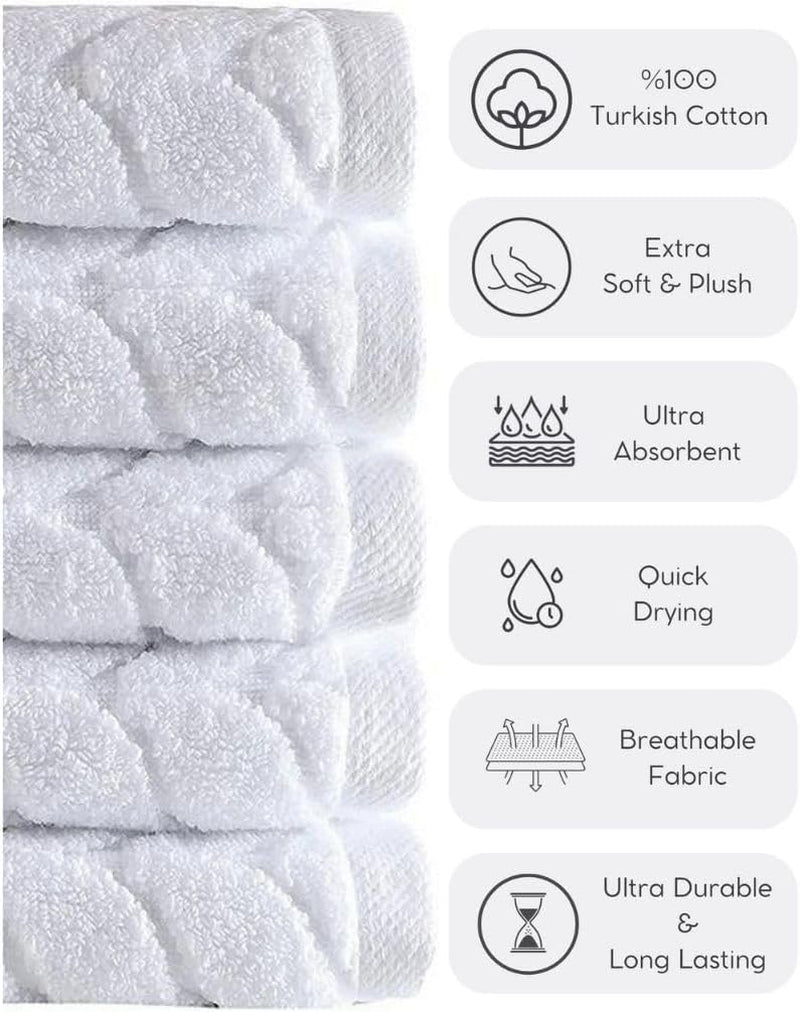 100% Turkish Cotton Jacquard Luxury Quick Dry Non-Gmo Ultra-Soft, Plush and Absorbent Luxury Durable Turkish Towels Set (White, 6 Pcs)