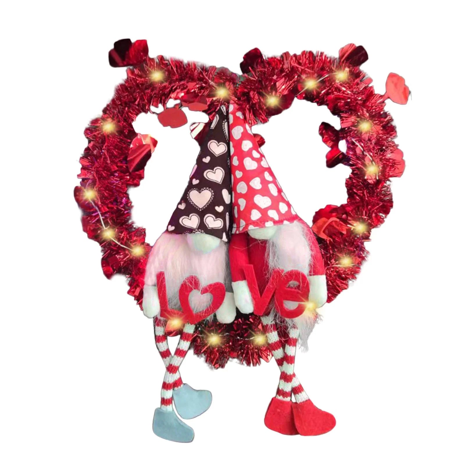 Valentines Day Wreaths Signs for Front Door Heart Shaped Wreath with Doll Bows Artificial Decorative Wreath Luminous Cute Romantic Gift for Girlfriend Wife Wedding Valentines Day Decor