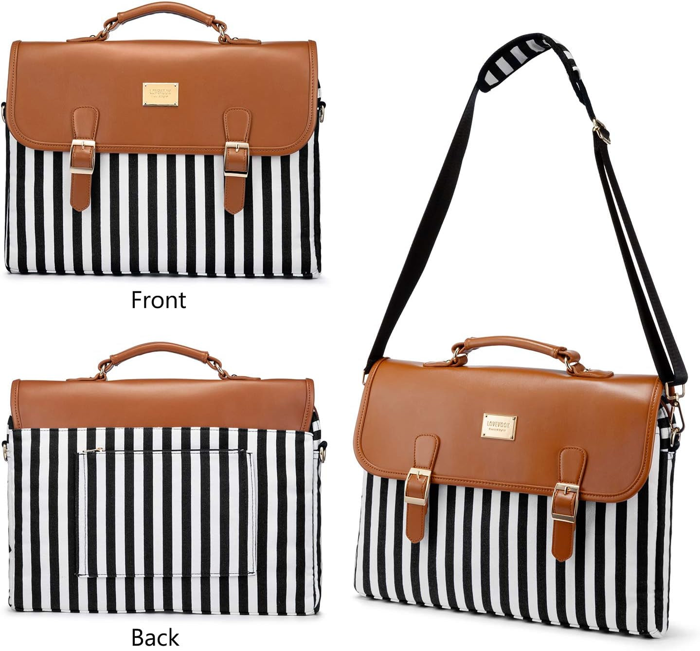 Computer Bag Laptop Bag for Women Cute Laptop Messenger Bag for Work College, Black Stripe Brown, 15.6-Inch