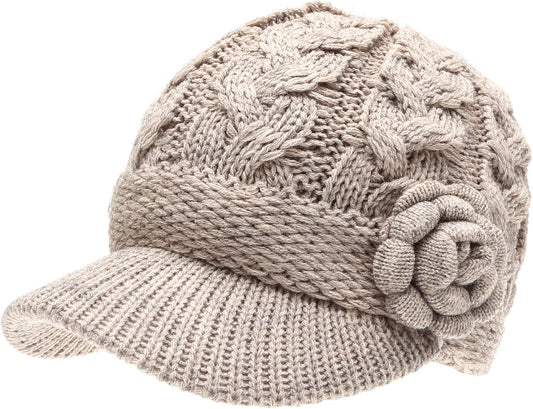 Women’S Knitted Newsboy Hat Double Layer Visor Beanie Cap with Soft Warm Fleece Lining