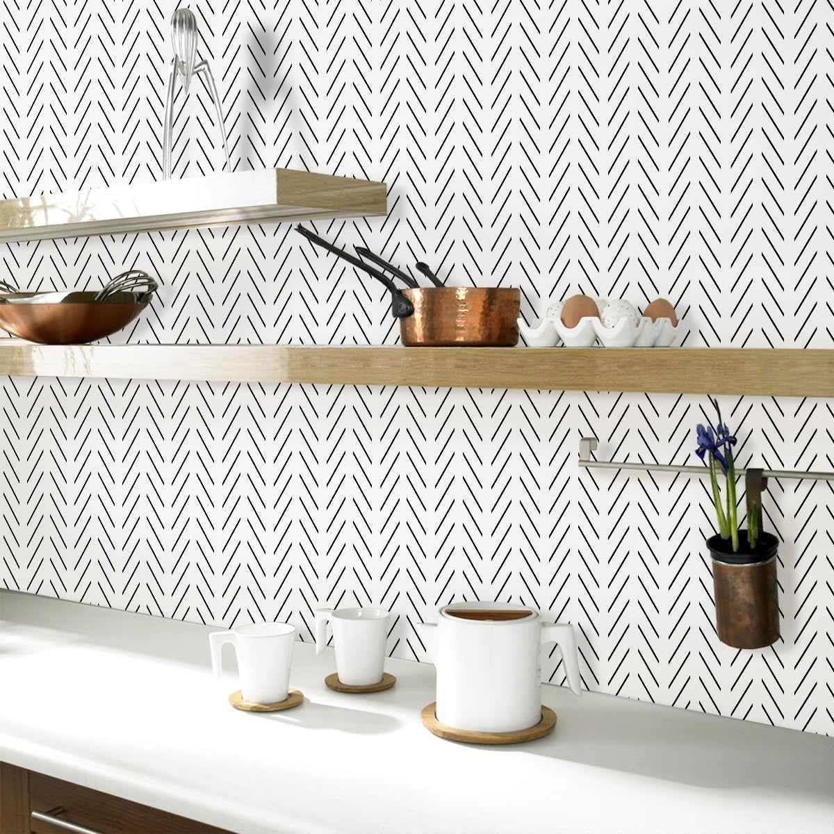 Black and White Peel and Stick Wallpaper Modern Herringbone Contact Paper Bathroom 17.7Inch X 196.8Inch Geometric Removable Wall Paper Peel and Stick Backsplash Self Adhesive Contact Paper