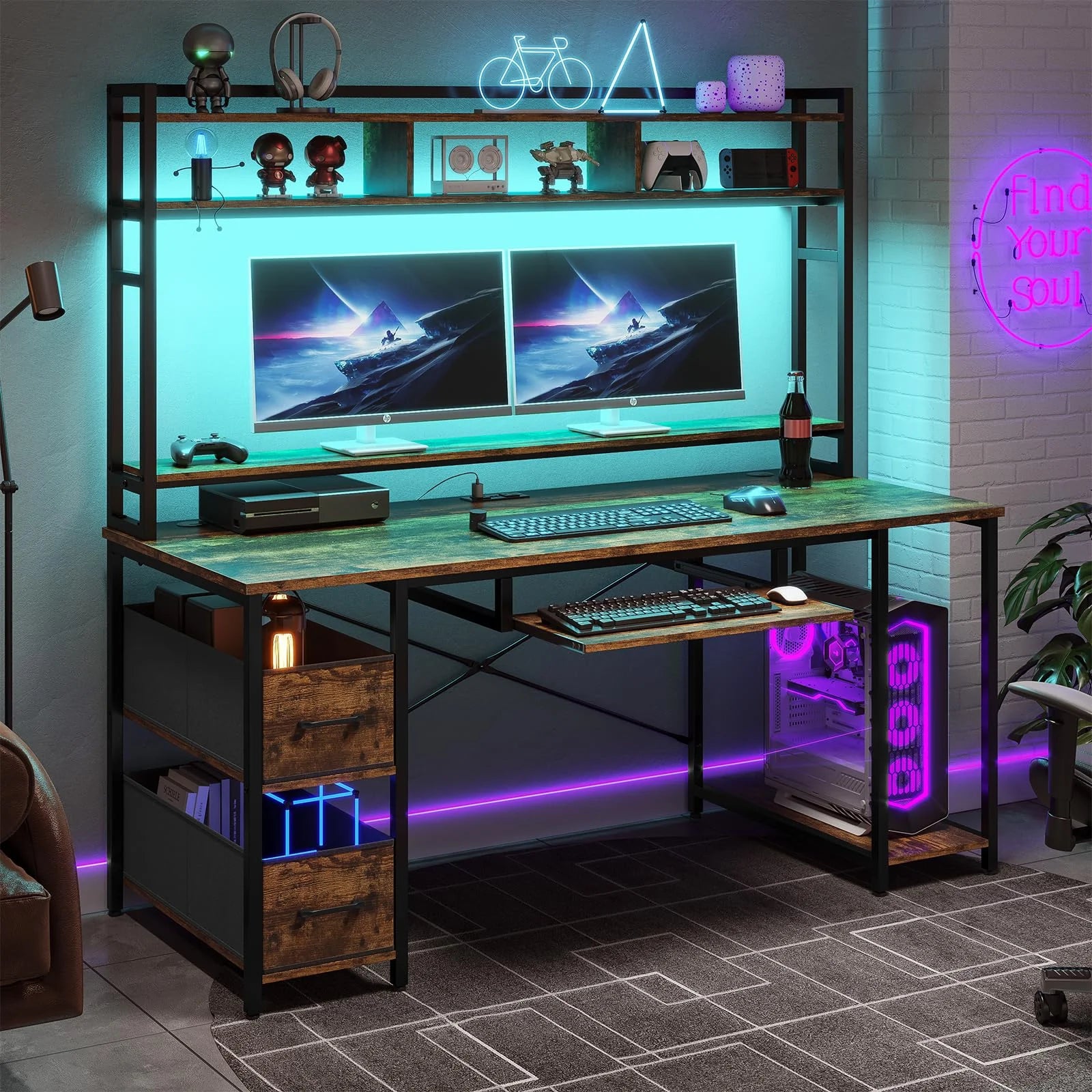 55" Gaming Computer Desk with Drawer&Power Outlet, Industrial Home Office Desk Table PC Study Workstation with Hutch&Led Lights&Adjustable Shelves, Rustic Brown