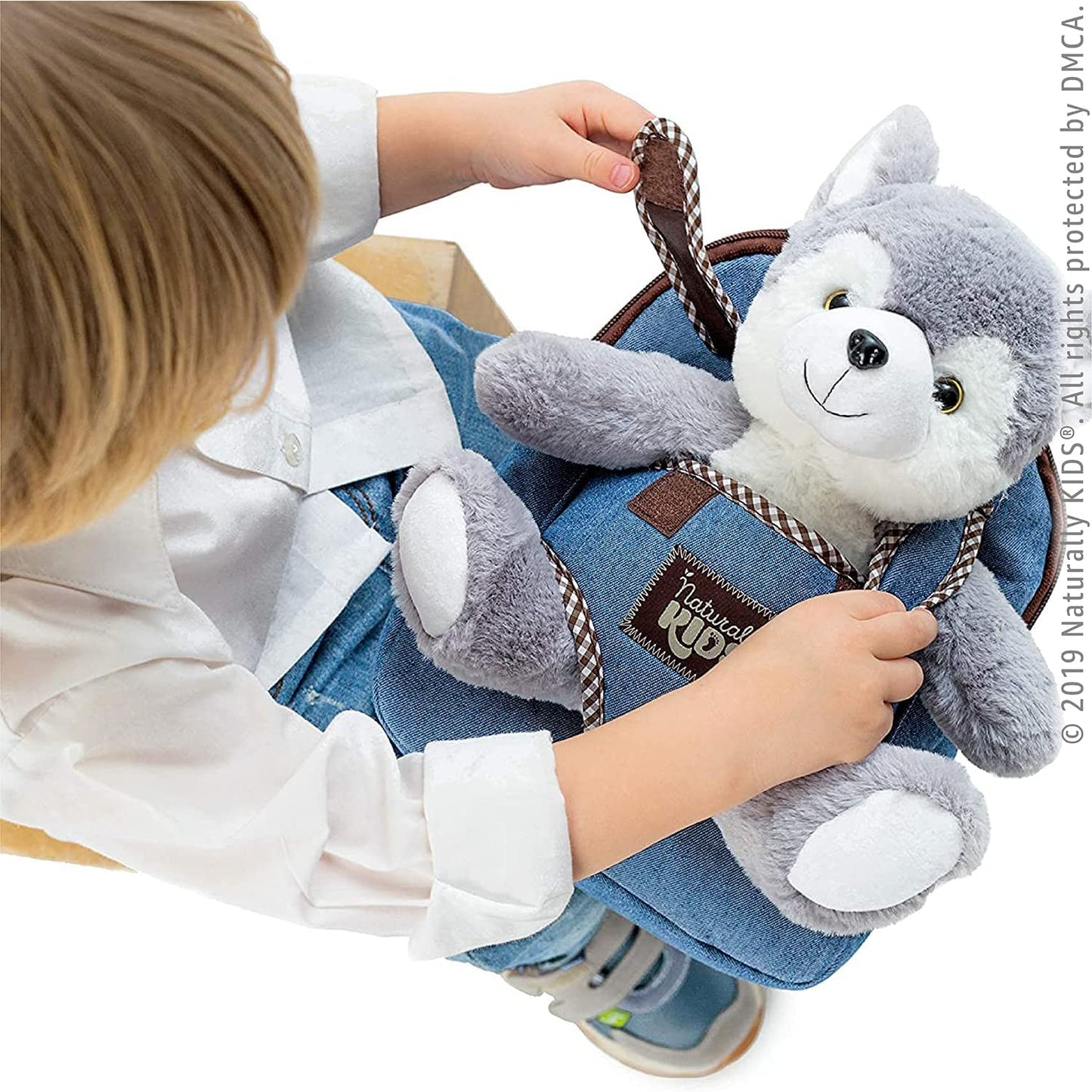 Toddler Backpack 10-12 Inch W Wolf Toys, Wolf Stuffed Animal, 3 Year Old Girl Boy Gift, Toddler Husky Wolf