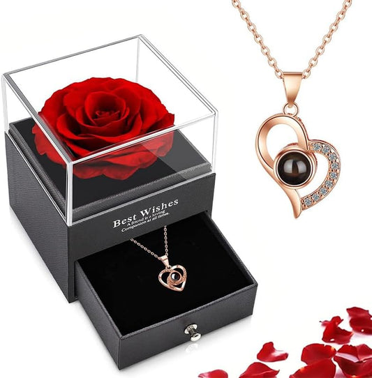 Christmas Preserved Real Rose Gifts for Women with I Love You Heart Necklace 100 Languages, Birthday Gifts for Mom Her Girlfriend Wife, Forever Eternal Flower for Anniversary, Red Roses