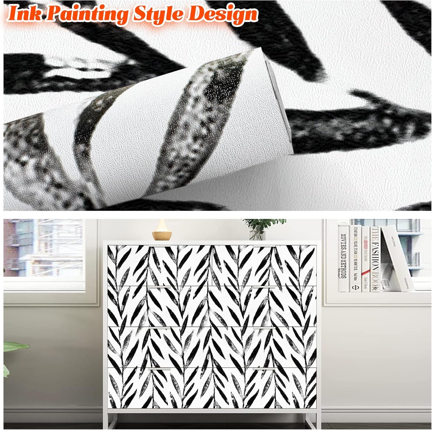 Black and White Peel and Stick Wallpaper Leaf Contact Paper 17.7 Inch × 393.6 Inch Black and White Contact Paper Peel and Stick Wallpaper for Bathroom Self Adhesive Decorative Wall Paper