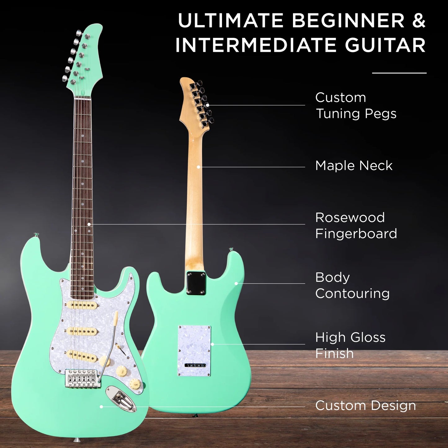 39In Full Size Beginner Electric Guitar Kit with Case, Strap, Amp, Whammy Bar - Socal Green