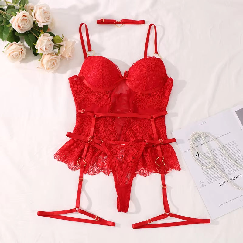 Mature Women Sexy Lingerie Bondage Garter Choker Leg Straps Lace-Up Valentines Day Lace Luxury Exotic Long Corset Red