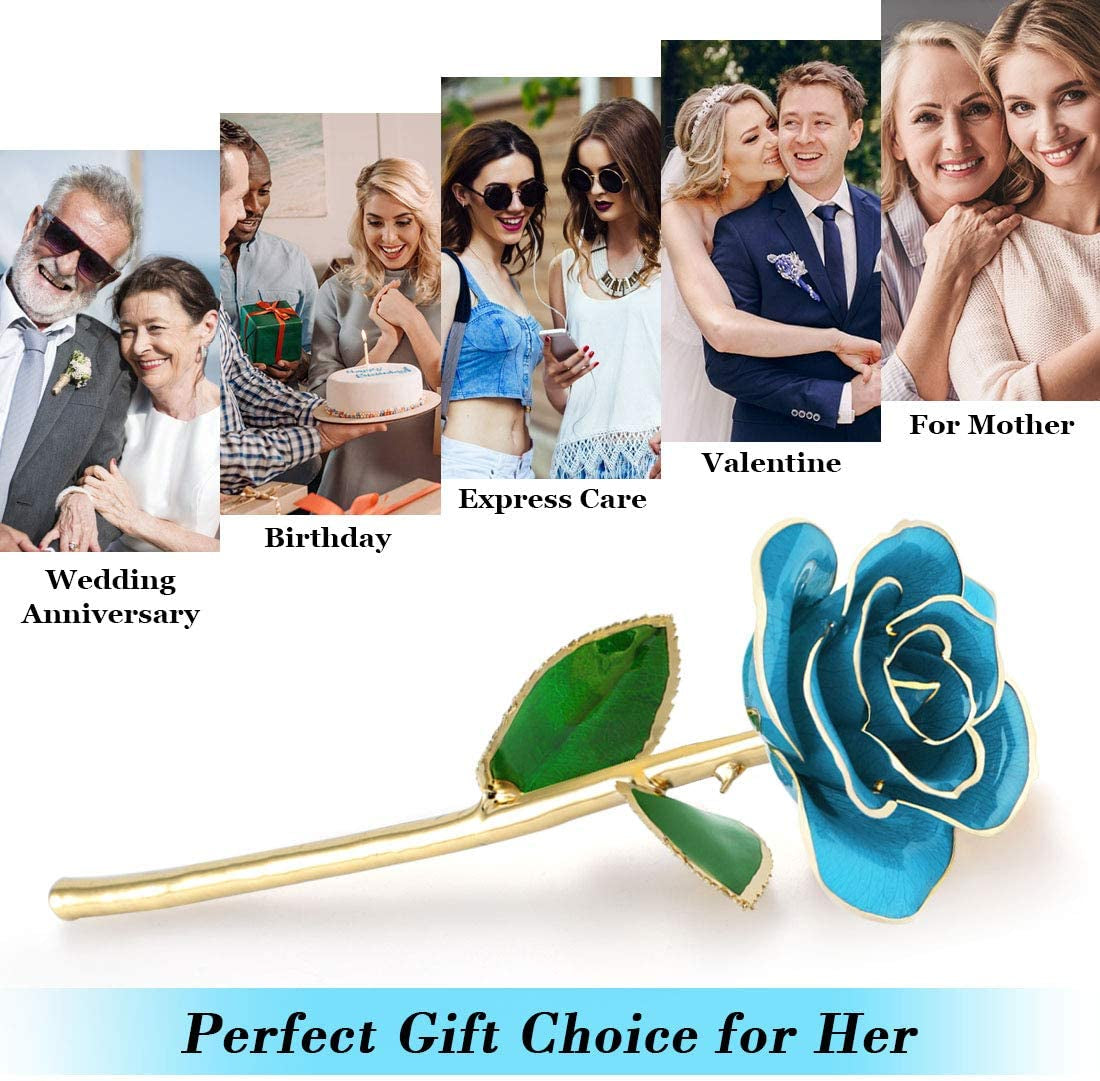 for Mom, Natural Rose Dipped in 24K Gold Romantic Proposal Present for Girlfriend Wife Her on Birthday Christmas Day Valentines Day Anniversary, Light Blue Rose with Rose Stand