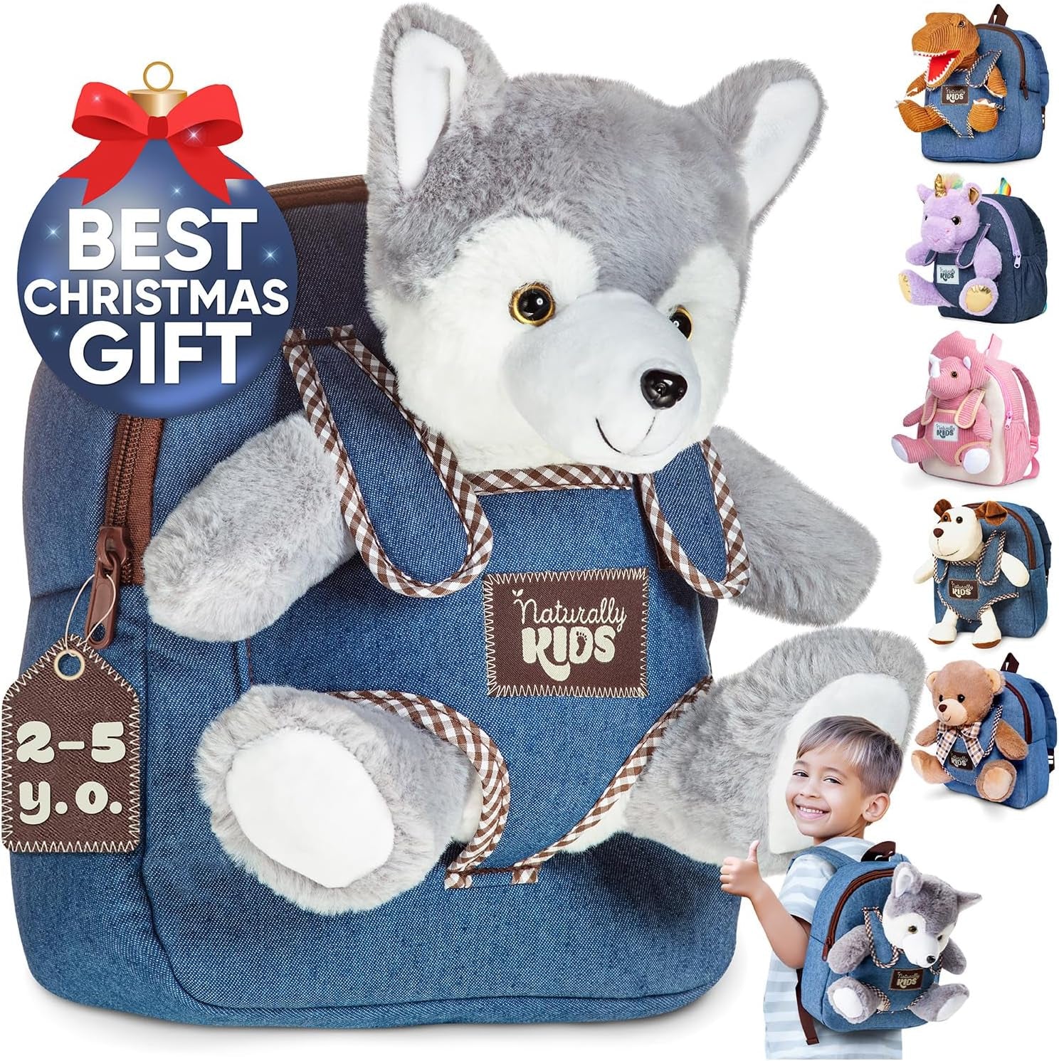 Toddler Backpack 10-12 Inch W Wolf Toys, Wolf Stuffed Animal, 3 Year Old Girl Boy Gift, Toddler Husky Wolf