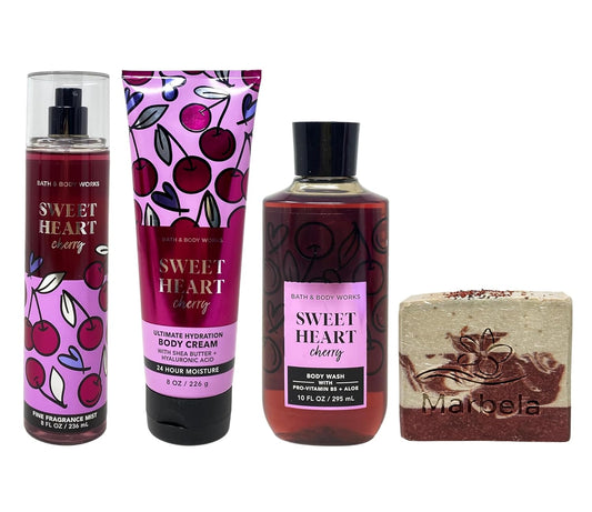 Sweet Heart Cherry 3 Piece Gift Set with a Cherry on Top Bar Soap - Fragrance Mist - Body Cream and Body Wash - Full Size