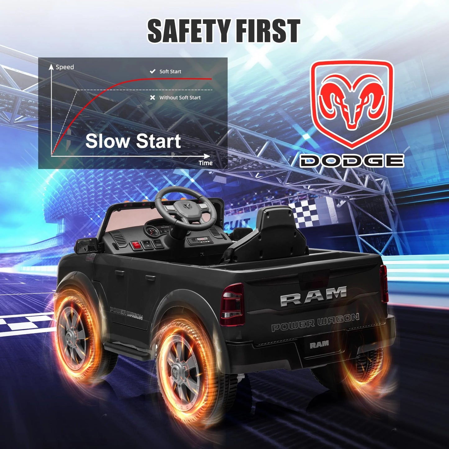 Dodge RAM Ride on Car, 12V Powered Ride on Toy with Remote Control, Rear Wheel Suspension, 5 Point Safety Belt, MP3 Player, Bluetooth, LED Lights, Electric Vehicles for 3-8 Years Boys Girls, Blue